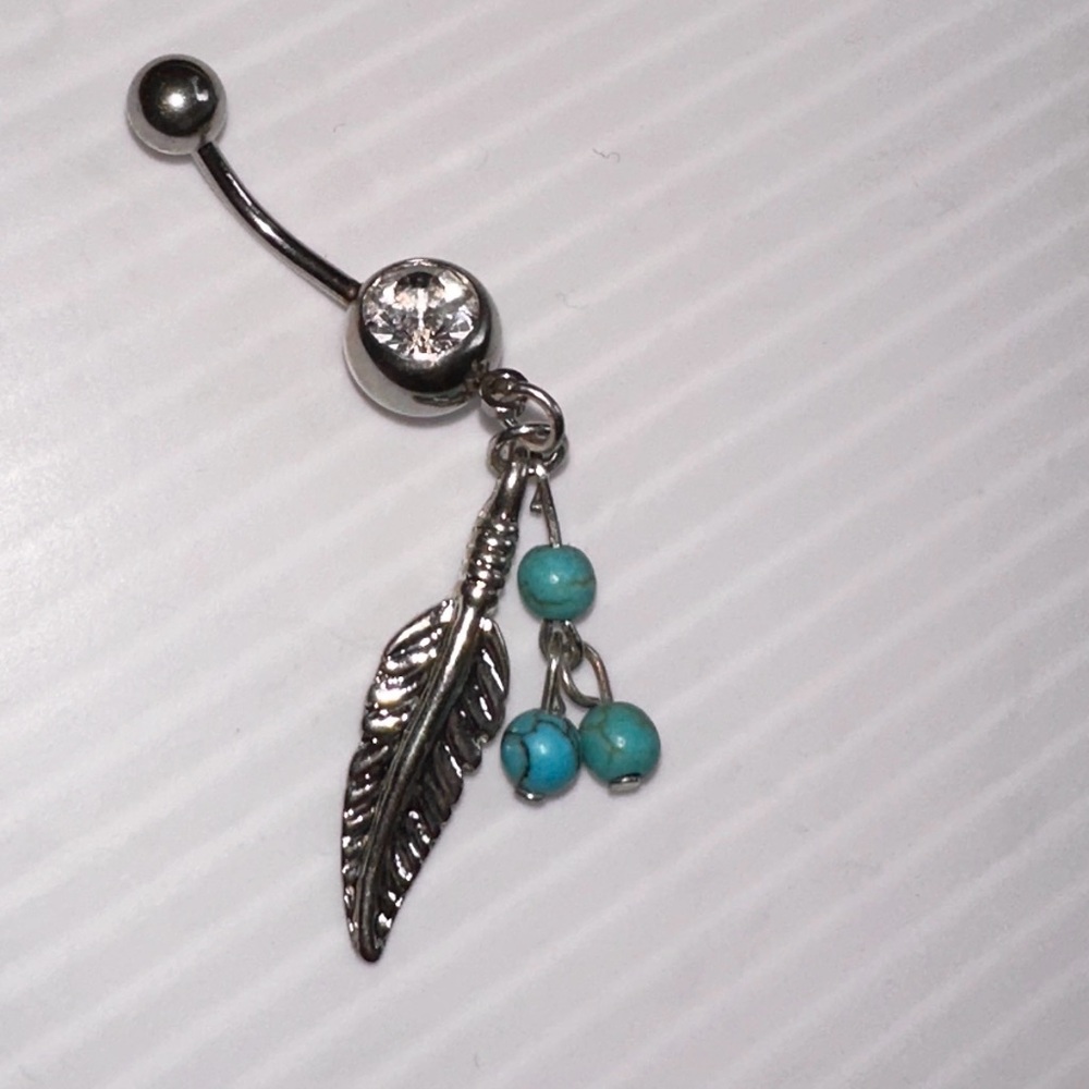 Silver Turquoise 14 G Barbell Navel Belly Ring Piercing Feathers Jewelry